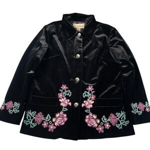 Very Veranesi Blazer Womens 16W Black Velour Velvet Floral Embroidery Lined